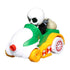 Jack Skellington sits in a colorful Hot Wheels RacerVerse diecast racer with a sleek green body, white nose cone, yellow tracks, and red candy-striped wheel decorations.