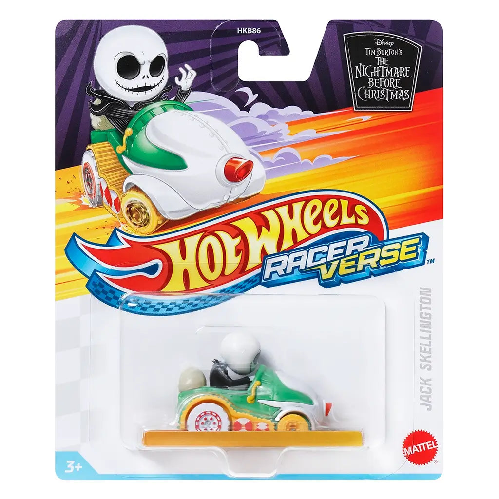 Retail packaging of Hot Wheels RacerVerse Jack Skellington diecast toy car, showcasing character art, Disney branding, and the vehicle in a clear plastic blister display.