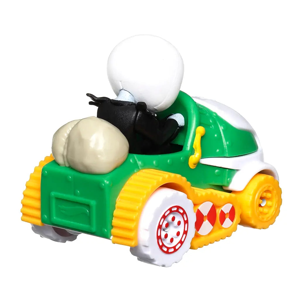 Collectible Hot Wheels RacerVerse Jack Skellington car in green, white, and yellow plastic, viewed from the back to highlight pumpkin cargo and whimsical patterned wheels.