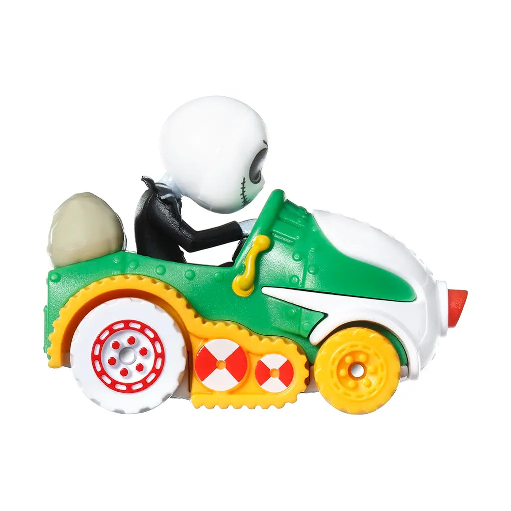 Hot Wheels RacerVerse diecast car featuring Jack Skellington, with a green and white body, yellow wheels, and candy cane patterns, shown in a detailed side profile view.