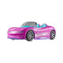 Angled front view of Barbie RC convertible toy car in pink with teal seats and sleek silver wheels, emphasizing sporty design and vibrant Barbie branding.