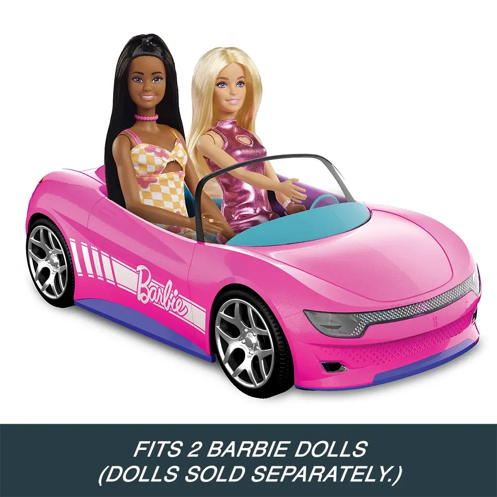 Barbie RC convertible car in pink with teal seats shown holding two Barbie dolls, illustrating realistic scale and compatibility for imaginative driving play.