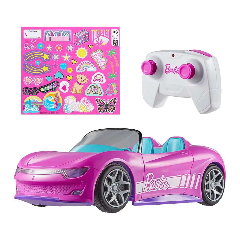 Barbie Hot Wheels RC convertible set in pink includes stylish car with teal seats, white remote control, and colorful Barbie-themed stickers for customization.