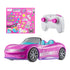 Barbie Hot Wheels RC convertible set in pink includes stylish car with teal seats, white remote control, and colorful Barbie-themed stickers for customization.