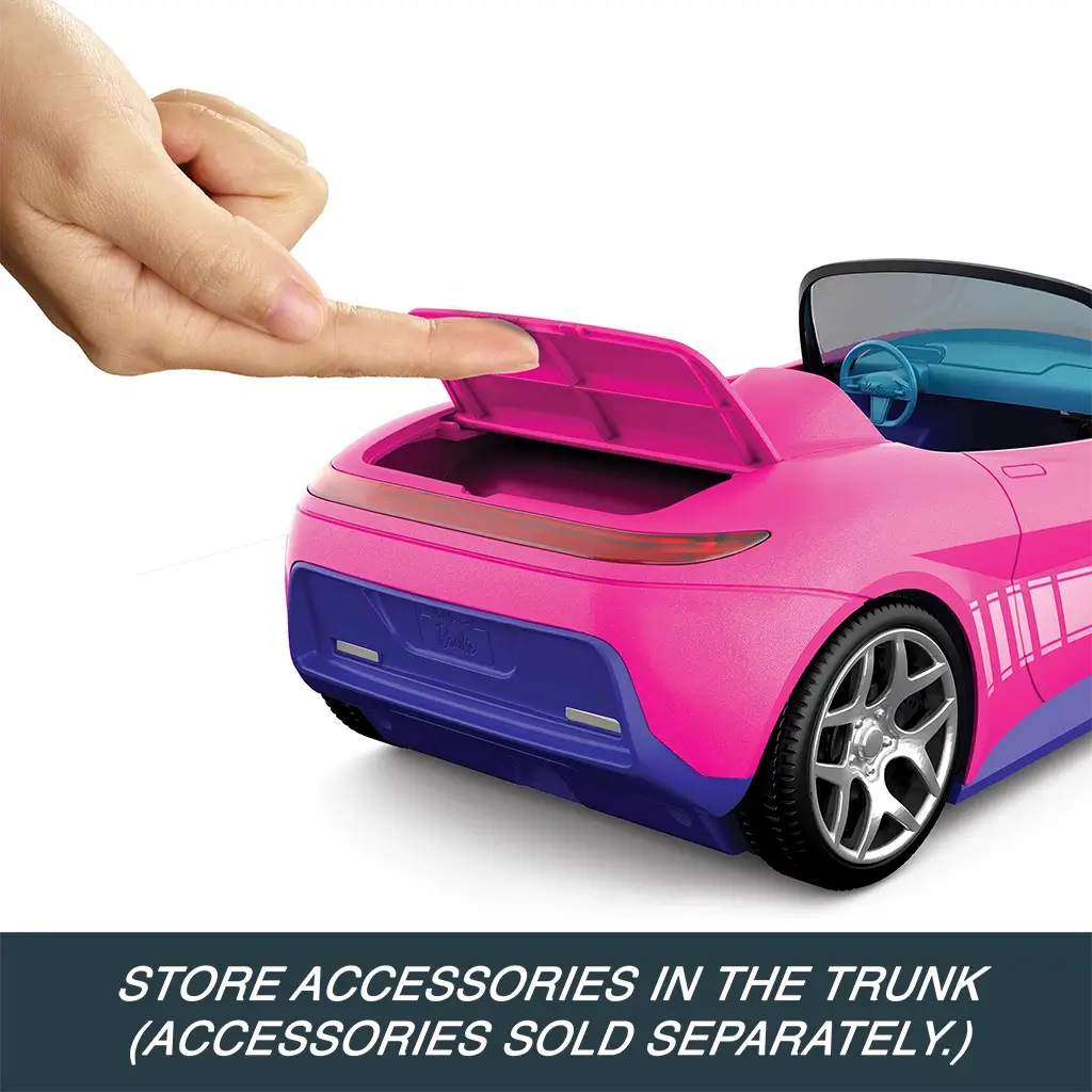 Barbie RC convertible toy car in bright pink with purple accents shown with an open trunk for accessory storage, highlighting interactive play design for kids.
