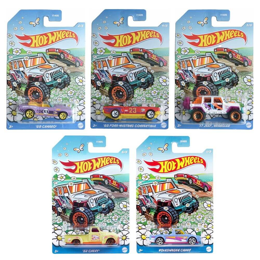 Hot Wheels Spring Vehicles shown packaged are the 69 Camaro, 65 Ford Mustang Convertible, 17 Jeep Wrangler, 52 Chevy, and Volkswagen Caddy