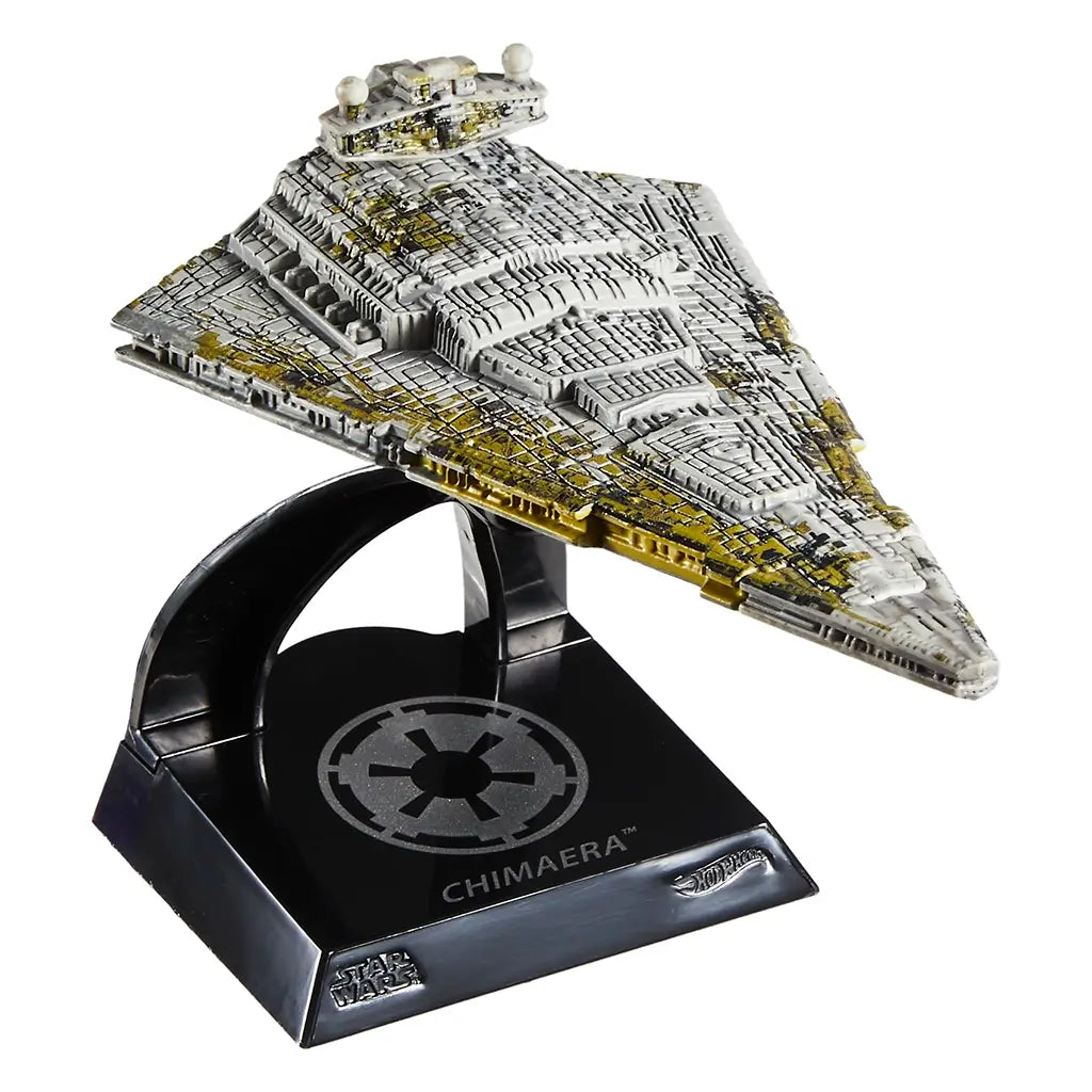Angled front view of the Hot Wheels Star Wars Chimaera die-cast model ship displayed on a black collector base with Imperial insignia, featuring raised hull details and gold highlights.