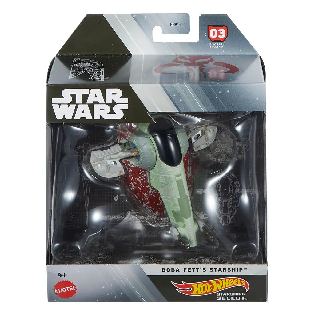 Hot Wheels Star Wars Starships Select packaging featuring Boba Fett’s Starship inside a clear plastic window, with branded graphics, product labeling, and visible green and red ship details on the retail box front.