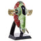 Hot Wheels Star Wars Boba Fett’s Starship collectible featuring green and red weathered plastic panels, rounded vertical hull shape, and mounted laser cannons, displayed upright on a black branded stand against a white background.