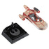 Hot Wheels Star Wars X-34 Landspeeder model shown detached from its black plastic display stand, highlighting the tan and rust-red finish, compact scale proportions, and removable base designed for collector display.