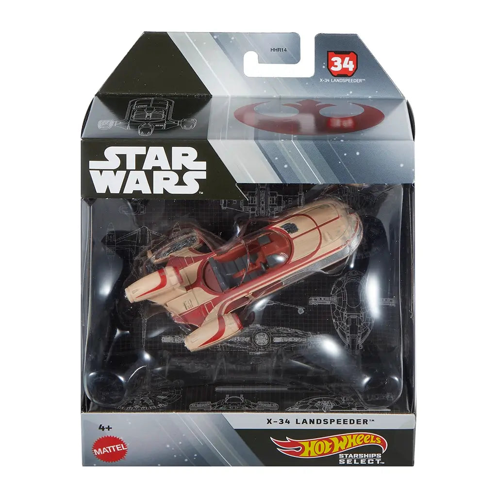 Hot Wheels Star Wars Starships Select packaging displaying the X-34 Landspeeder through a clear window, with branded graphics, model number, age rating, and visible tan and red vehicle details on the retail box front.