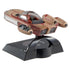 Hot Wheels Star Wars X-34 Landspeeder rear angled view showing tan plastic engines, red accent striping, molded exhaust vents, and cockpit seating, supported by a black curved stand for upright display.