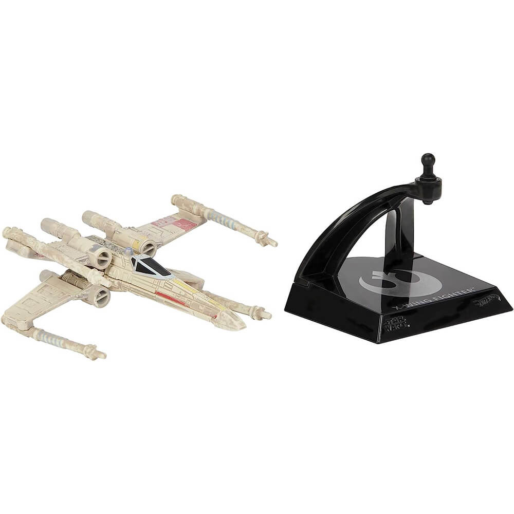 Hot Wheels Star Wars Starships Select X-wing Fighter (Red Five) shown in two pieces.  the stand and the ship