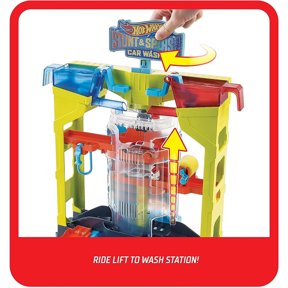 Ride lift to the wash station on the Hot Wheels Stunt & Splash Car Wash Playset