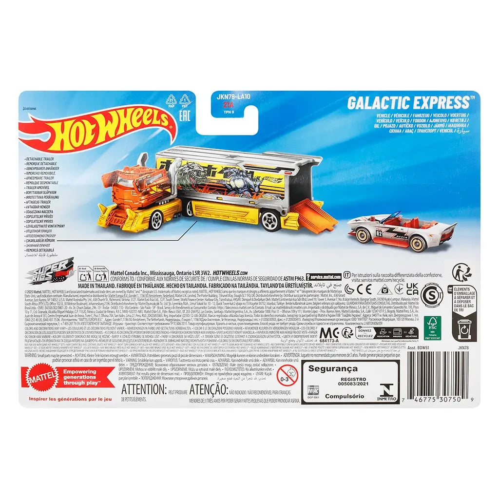 Hot Wheels Galactic Express packaging back view showing blue card backing with play feature illustrations, detachable trailer graphics, safety warnings, multilingual text, certification icons, and Mattel branding.