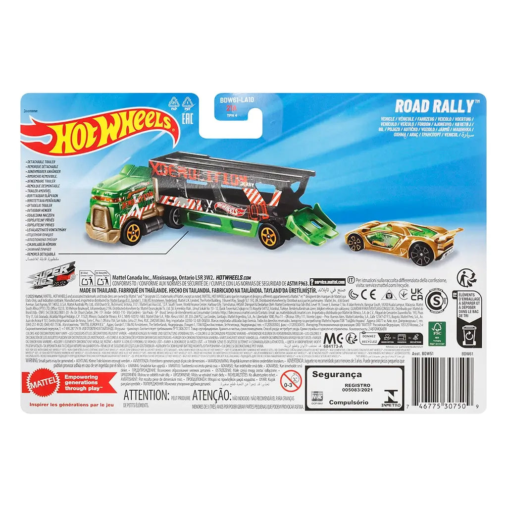 Hot Wheels Super Rigs Road Rally Demolition Derby packaging back, printed cardboard with blue background, showing product images, play features, safety icons, multilingual text, and branding details laid flat.