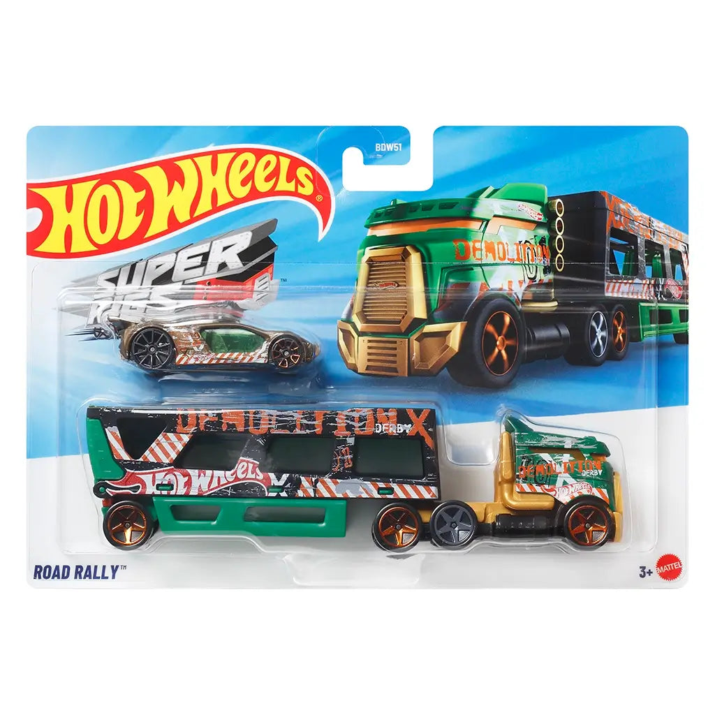 Hot Wheels Super Rigs Road Rally Demolition Derby package front, clear plastic blister on blue card backing, displaying the green and gold truck, trailer, and car with logos, age rating, and branding.