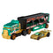 Hot Wheels Super Rigs Road Rally set featuring green, black, and gold die-cast metal vehicles with angular truck and trailer form, designed for Demolition Derby play, shown isolated on a white studio background.