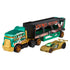 Hot Wheels Super Rigs Road Rally set featuring green, black, and gold die-cast metal vehicles with angular truck and trailer form, designed for Demolition Derby play, shown isolated on a white studio background.