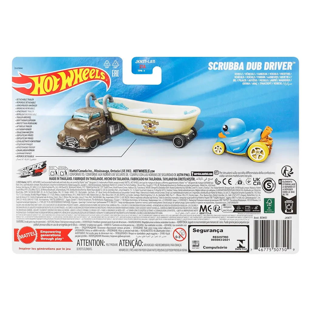 Hot Wheels Scrubba Dub Driver packaging back view with blue card backing, play feature diagrams, safety warnings, multilingual product text, recycling icons, and Mattel brand information.