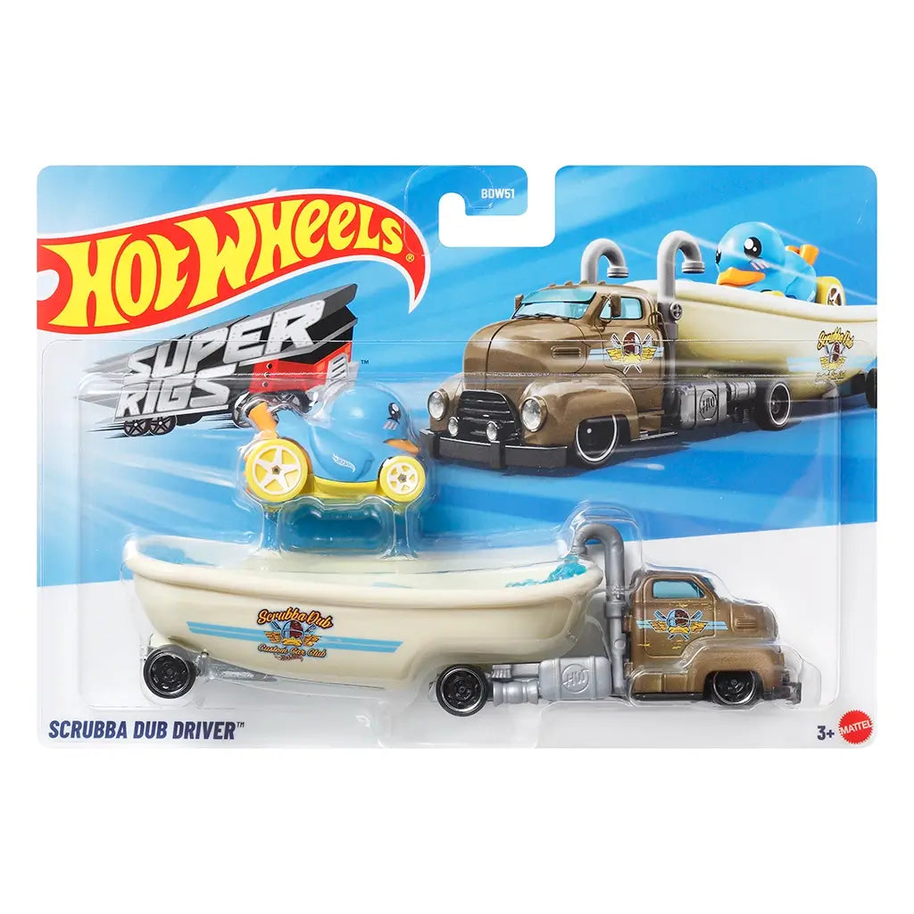 Hot Wheels Scrubba Dub Driver package front featuring a clear plastic blister on a blue Hot Wheels Super Rigs card, displaying the bathtub trailer truck and small blue character vehicle.