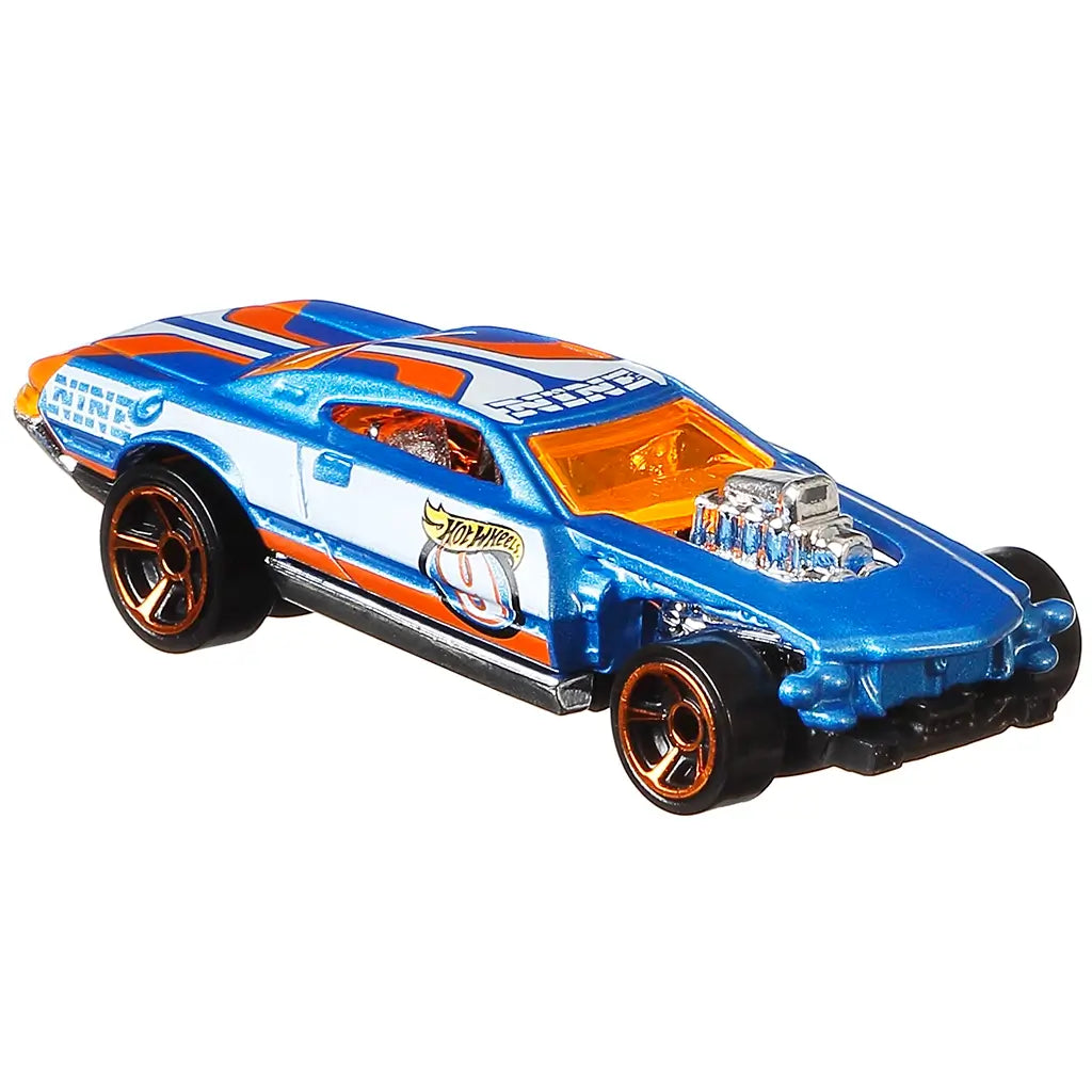 Hot Wheels Speedway Hauler shown in an angled view with an orange and white transport truck, bold blue striping, black wheels with bronze rims, and a matching blue race car on white background.