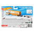 Hot Wheels Speedway Hauler packaging back view with blue card backing, product illustrations, safety warnings, multilingual text, barcodes, and brand information arranged across the layout.