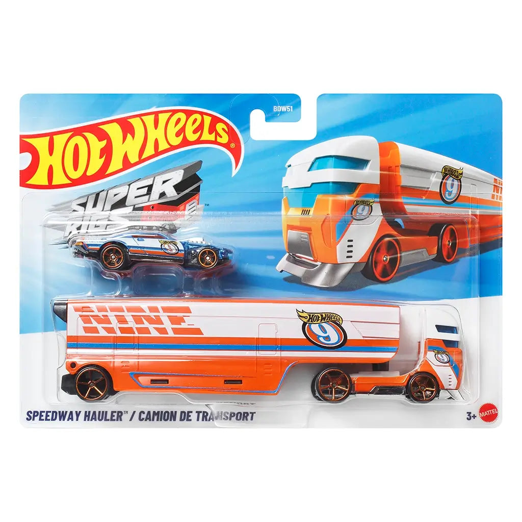 Hot Wheels Speedway Hauler package front featuring a clear plastic blister on a blue Hot Wheels Super Rigs card, displaying the orange transport truck and blue race car with logos and branding.