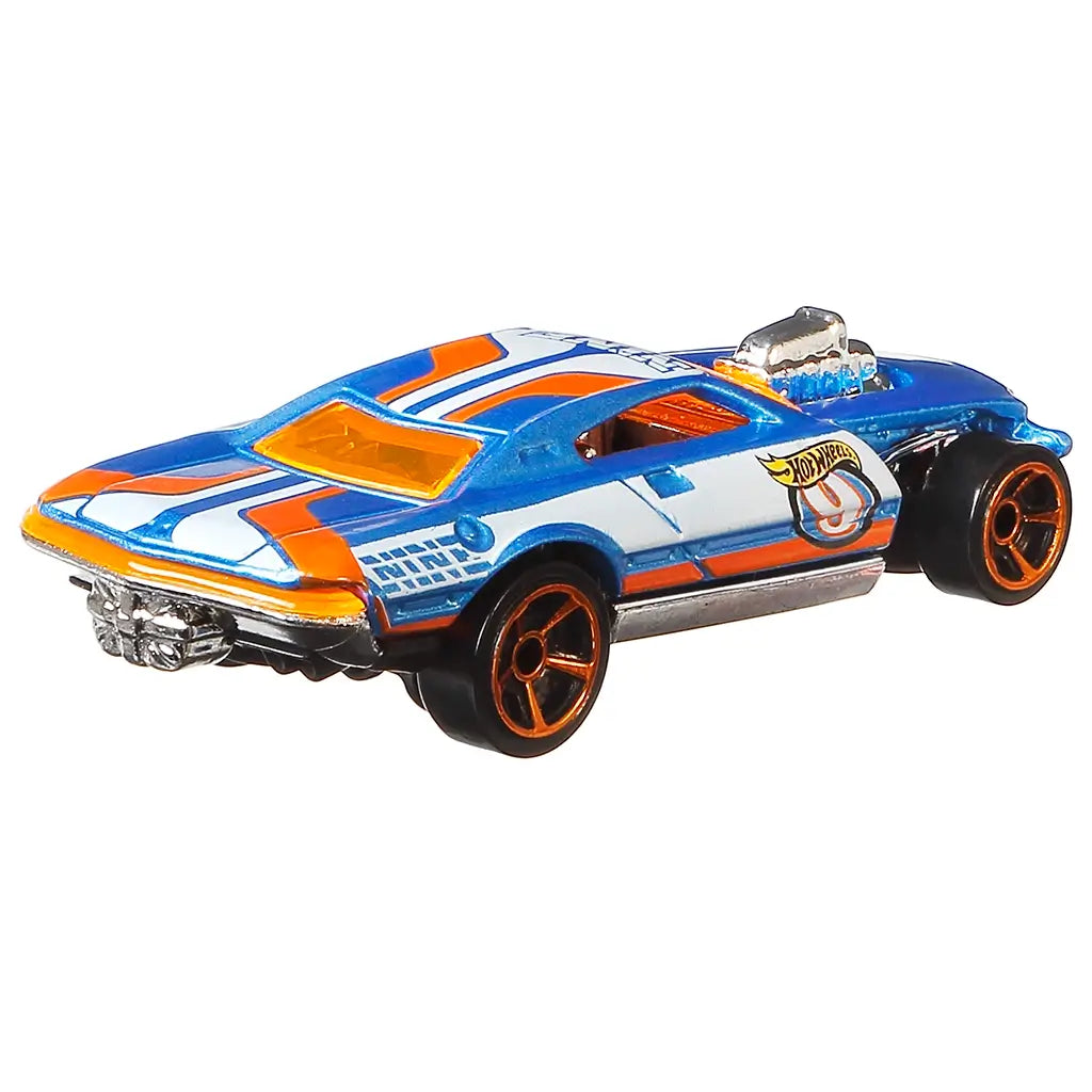 Hot Wheels Speedway Hauler rear angled view highlighting the orange and white trailer body, rear loading section, rolling wheels, and streamlined toy transport truck design on white.