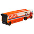 Hot Wheels Speedway Hauler transport vehicle angled view displaying the cab and trailer in orange and white plastic, blue striping, stylized grille details, and racing graphics on white.