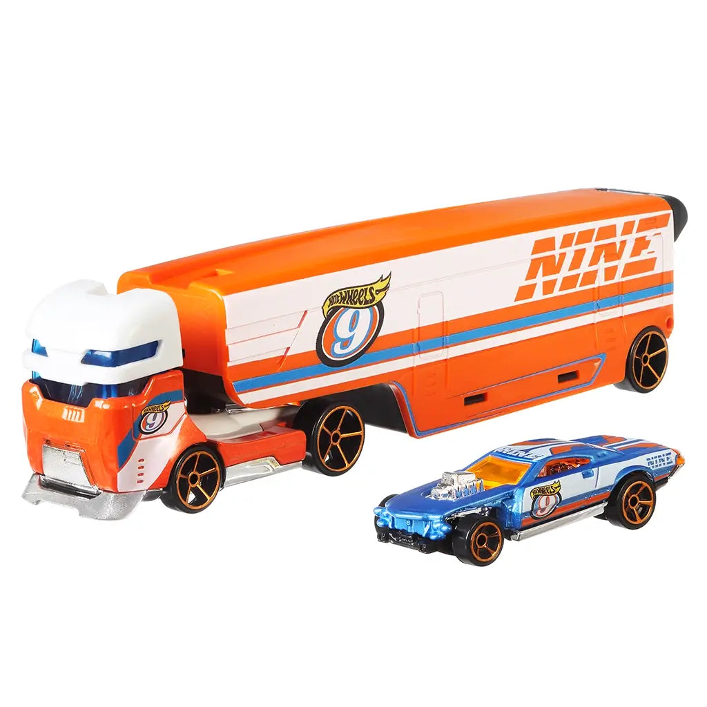 Hot Wheels Speedway Hauler vehicle set featuring an orange and white plastic transport truck with blue racing stripes and a matching blue race car, displayed together on a clean white studio background.