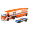 Hot Wheels Speedway Hauler vehicle set featuring an orange and white plastic transport truck with blue racing stripes and a matching blue race car, displayed together on a clean white studio background.