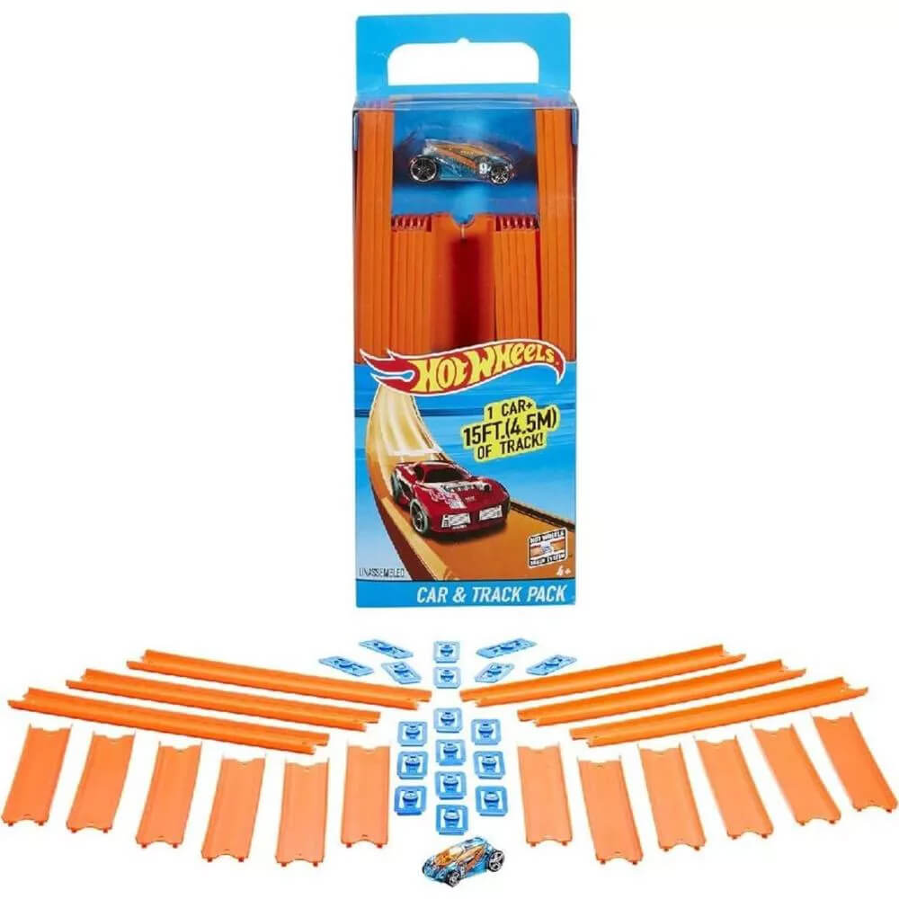 Hot Wheels Track Builder Straight Track with Car package and contents