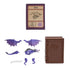 How to Train Your Dragon Skrill dragon parts set in purple plastic with wings, head, tail, and legs plus matching character card and brown textured book case on a clean white background.