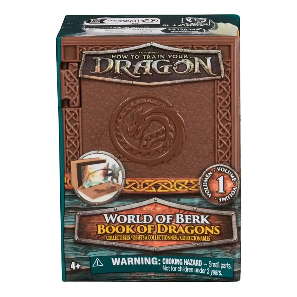 How to Train Your Dragon Book of Dragons retail packaging in green and brown with embossed book design, product branding, and collectible mystery box details displayed on a white background.