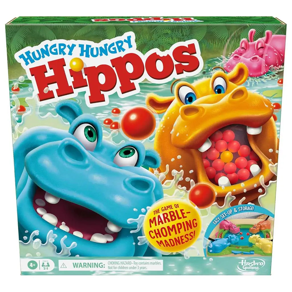 Hasbro Hungry Hungry Hippos front box art with cartoon hippos splashing through water chasing red marbles beneath bold branding promoting exciting, fast-paced marble-chomping fun.