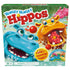 Hasbro Hungry Hungry Hippos front box art with cartoon hippos splashing through water chasing red marbles beneath bold branding promoting exciting, fast-paced marble-chomping fun.
