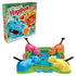 Hasbro Hungry Hungry Hippos box and colorful plastic hippo game set with bright marbles on a green and blue board, emphasizing fast marble-chomping action in a lively tabletop scene.
