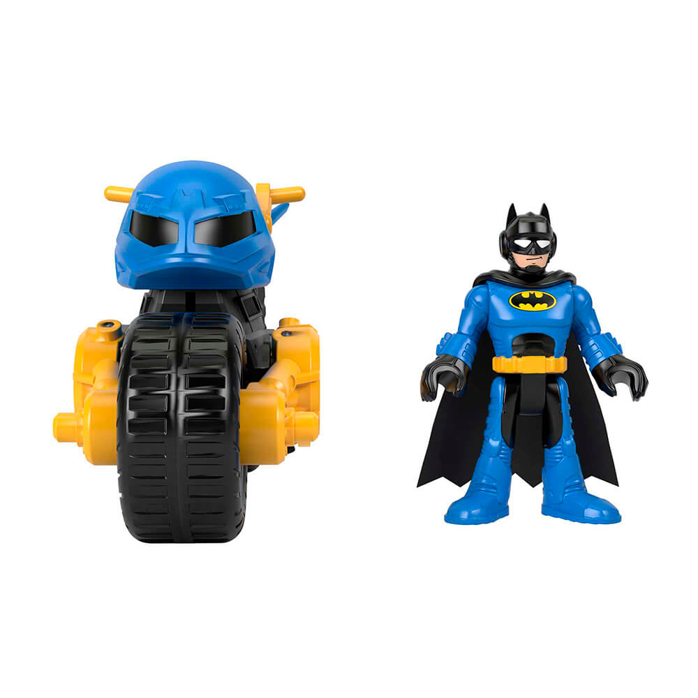 Batman standing next to batcyle of the Imaginext DC Super Friends Batman & Batcycle Playset