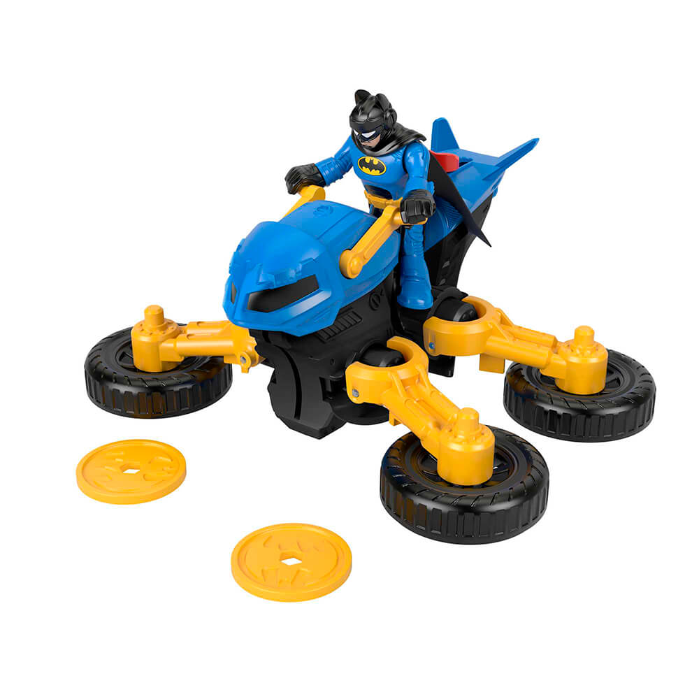 Wheels out and batman on the batcycle of the Imaginext DC Super Friends Batman & Batcycle Playset