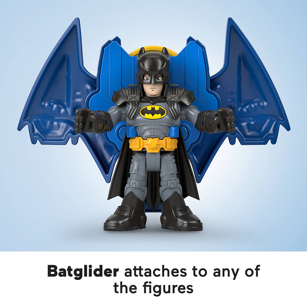 Batman shown with batglider from the Imaginext DC Super Friends Batman Family Multipack set.  With the words batglider attaches to any of the figures written at the bottom of the image.