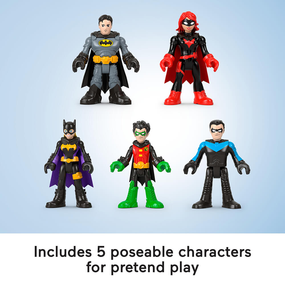 Close up of the Imaginext DC Super Friends Batman Family Multipack with the words includes 5 poseable characters for pretend play