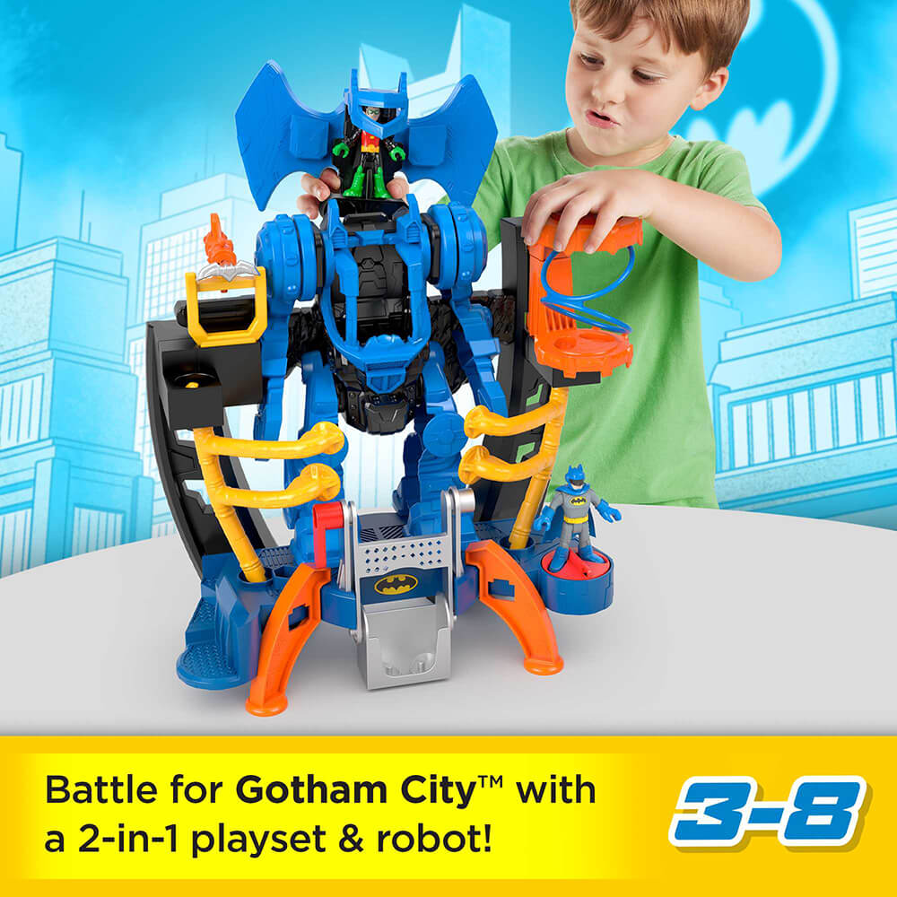 Child playing with the Imaginext DC Super Friends Batman Robo Command Center Playset with words stating it is a battle for Gotham City with the 2 in 1 playset and robot. For ages 3 to 8