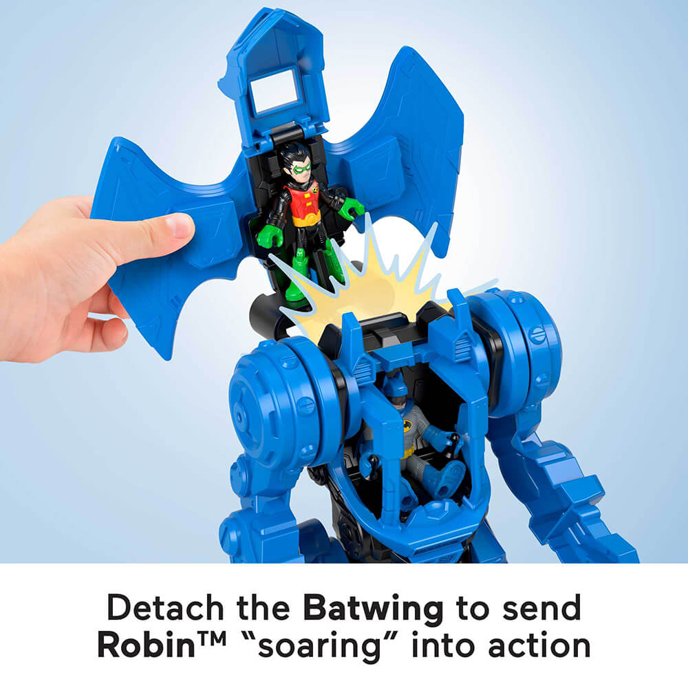 Robin shown in the robot of the Imaginext DC Super Friends Batman Robo Command Center Playset. Picture states to detatch the batwing and send Robin soaring into action
