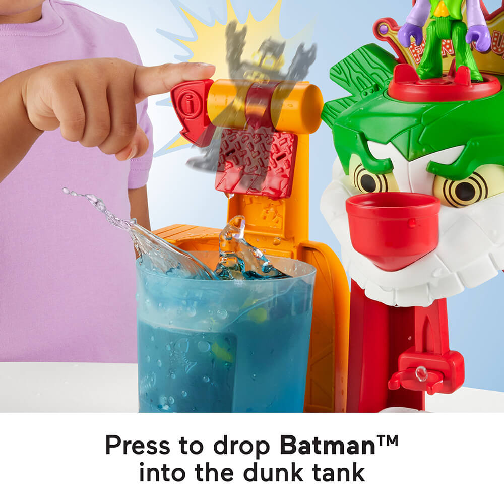 If you press drop on the Imaginext DC Super Friends Color Changers The Joker Funhouse Playset Batman drops into the dunk tank