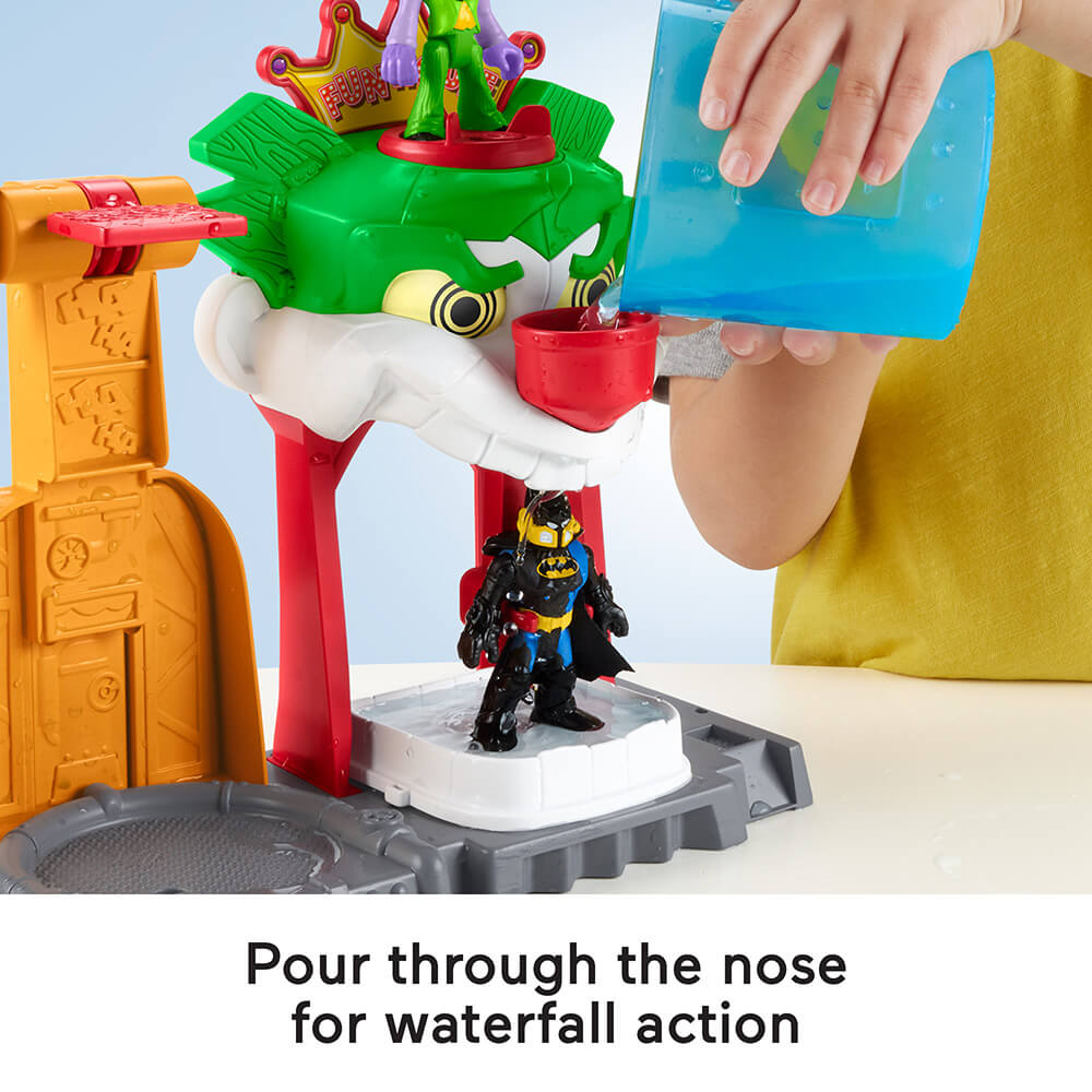 If you fill the nose of the Joker on the Imaginext DC Super Friends Color Changers The Joker Funhouse Playset it has a waterfall action