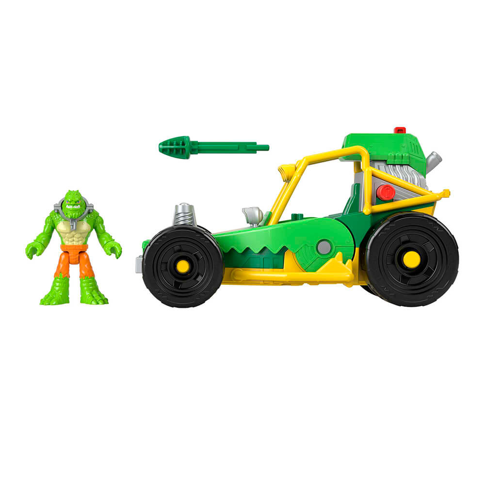 Figure outside of vehicle as well as the vehicle shooting arrow of the Imaginext DC Super Friends Killer Croc Buggy Playset