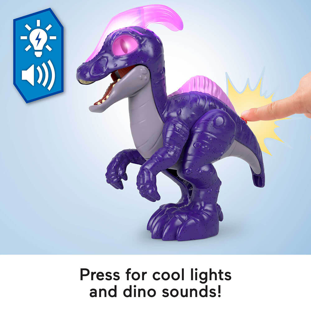 press the Imaginext Jurassic World Deluxe Parasaurolophus XL Dinosaur for cool lights and dino sounds