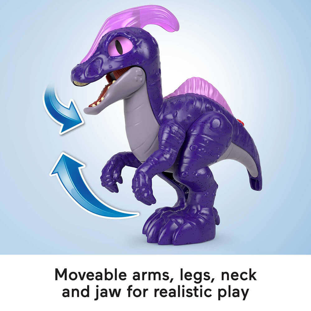 Movable arm, legs, neck and jaw for realistic play with the Imaginext Jurassic World Deluxe Parasaurolophus XL Dinosaur