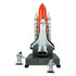 InAir space shuttle playset shows the shuttle on a grey launch platform with two astronaut figures standing nearby, highlighting molded plastic boosters, cockpit shape, and upright rocket form for creative space exploration. Designed to emphasize molded details and child-friendly imaginative play.
